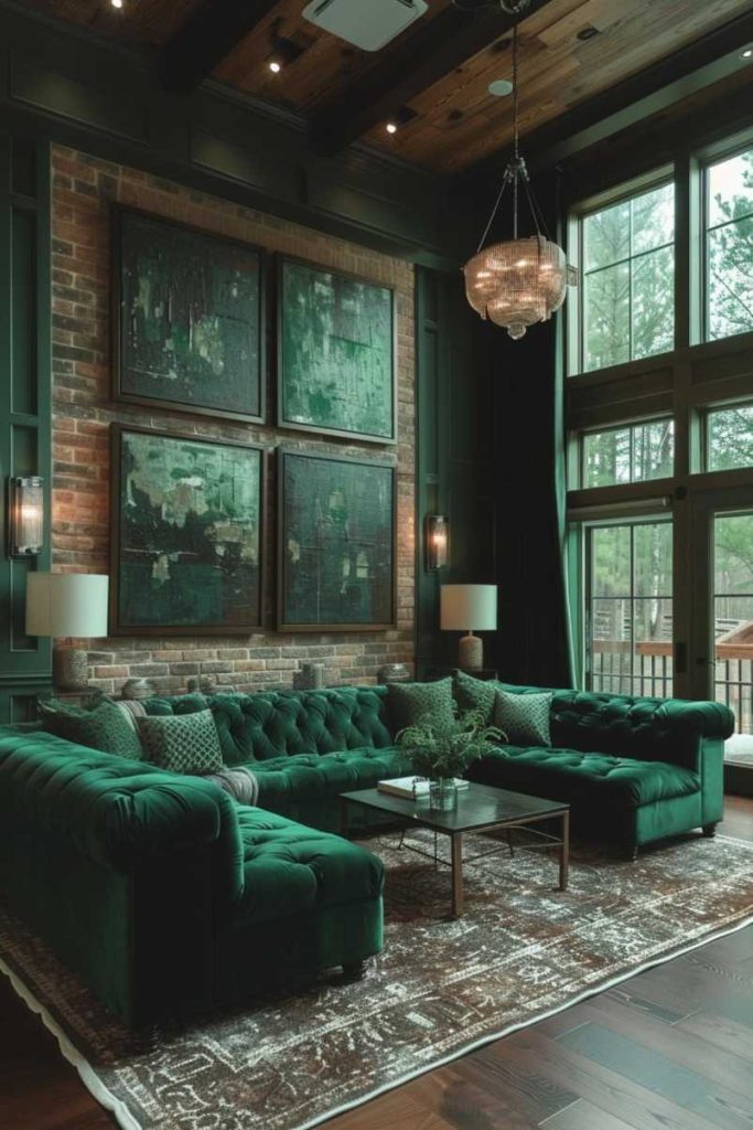 A wide wall that offers both texture and velvet green opulence in room design. This room features a deep emerald green velvet fabric and artwork that adds depth and texture to the room, giving it a stylish, elegant feel.