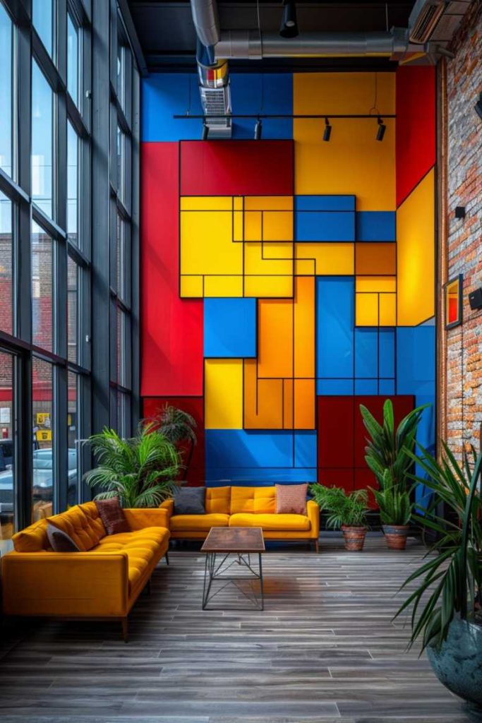 Using innovative color blocking techniques, a large wall is given a modern touch and visual division, harmonizing space and decor through a dynamic interplay of color and shape.