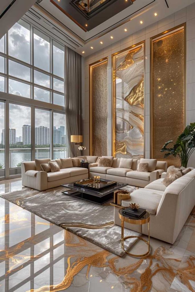 Glamorous gold or silver accents transform a room's large wall into a mesmerizing focal point, exuding an air of opulence and sophistication, adding a touch of Hollywood glamor to the room.