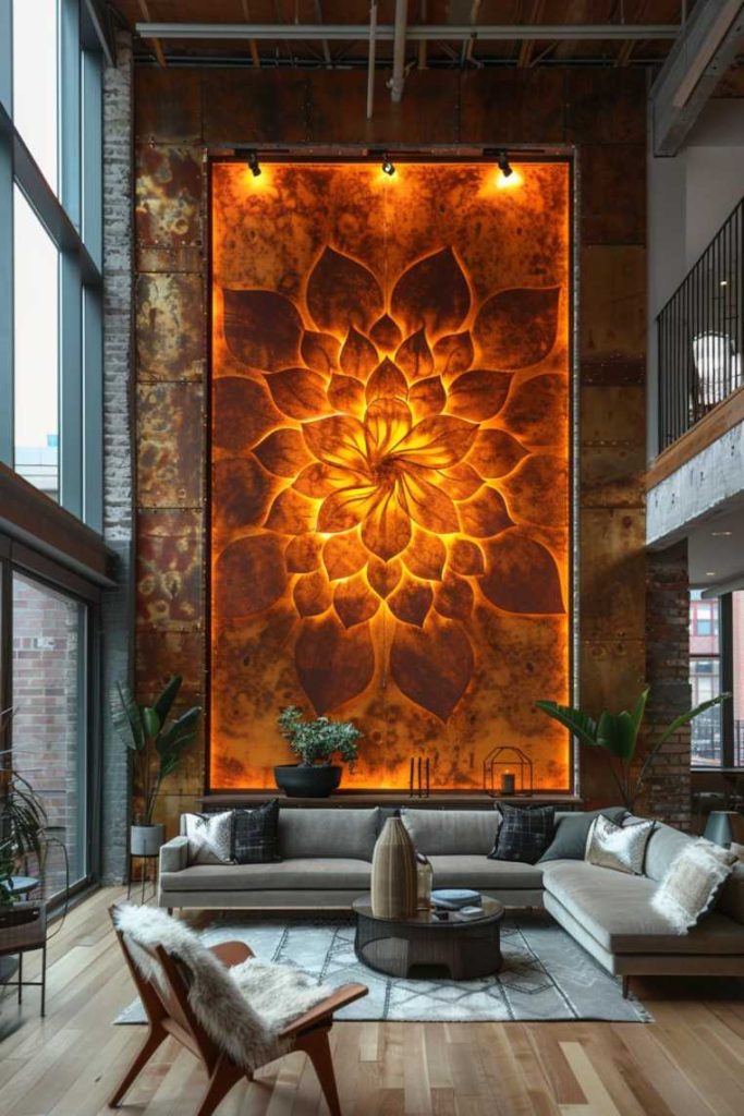 A large artwork of a glowing mandala flower in the center of an open loft living room with high ceilings and warm lighting. This adds a deeply personal touch and artistic flair to a solid wall, allowing the decor to serve as a compelling statement of individuality and creative expression.