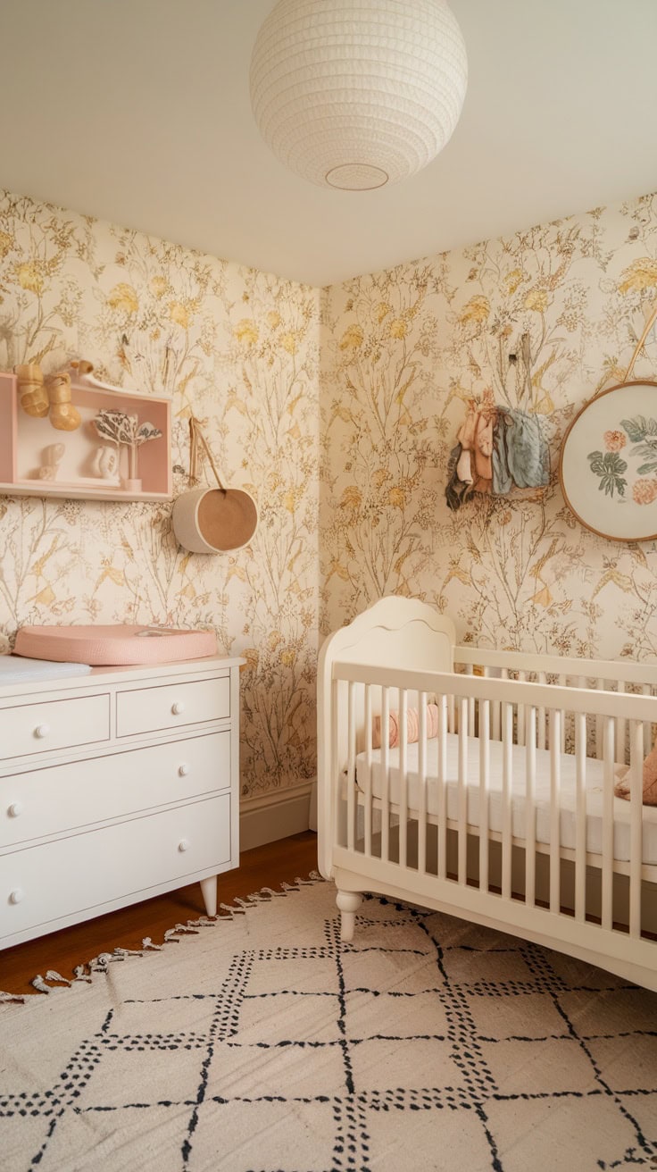 A pastel yellow children's room with floral wallpaper, white furniture and a cozy rug.