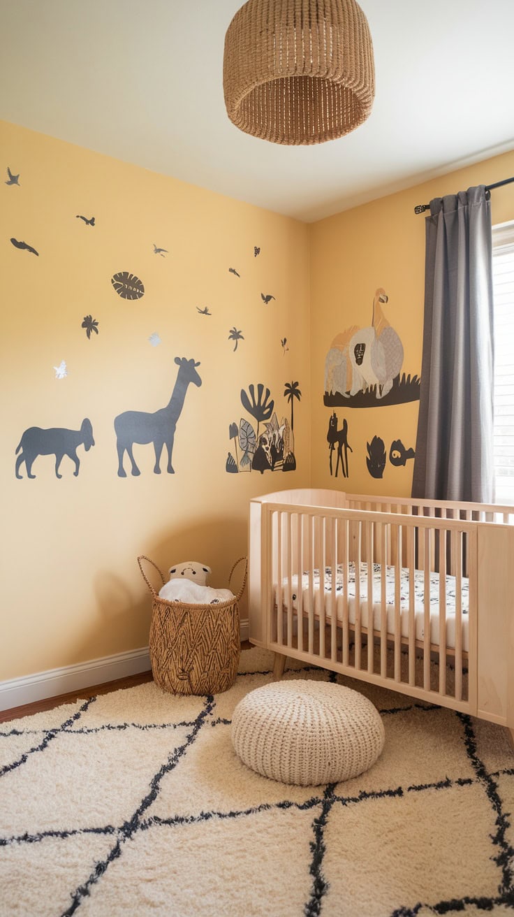 A pastel yellow children's room with animal silhouettes on the wall, a wooden bed and cozy furnishings.