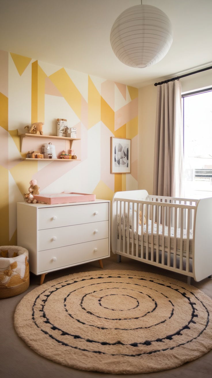 A pastel yellow children's room with geometric wall patterns, a cot and a round rug.