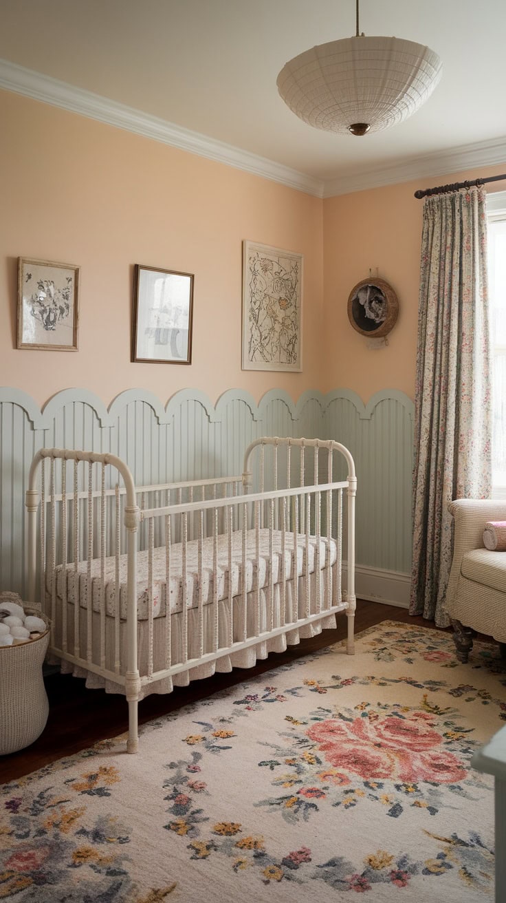 Pastel yellow nursery with vintage style cot, floral patterns and soft decor.