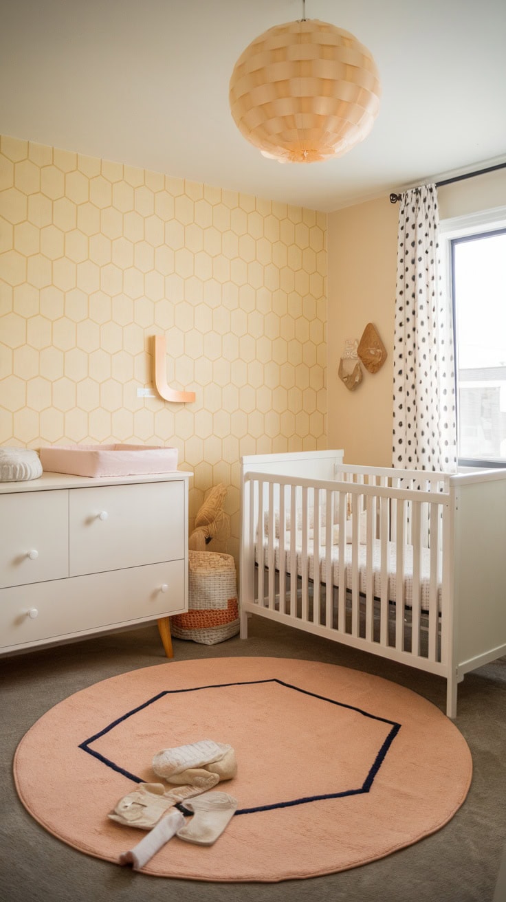 A pastel yellow children's room with honeycomb wallpaper, a white cot and a soft pink carpet.