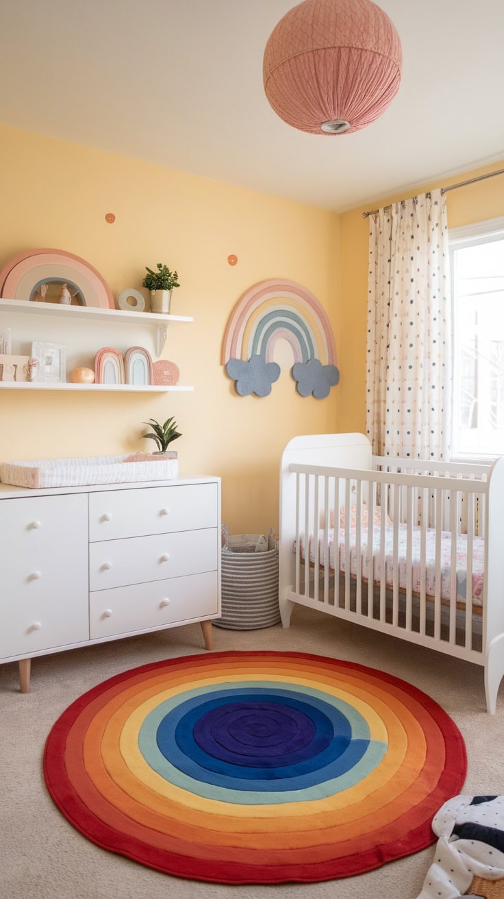 A pastel yellow children's room with rainbow decorations, a cozy cot and a colorful rug.