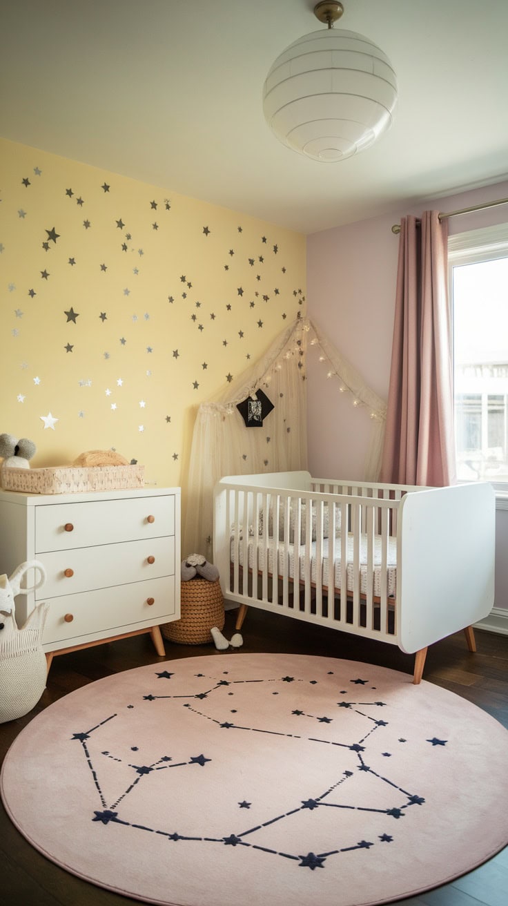 Pastel yellow celestial-themed nursery with star wall stickers, a crib and a constellation rug.