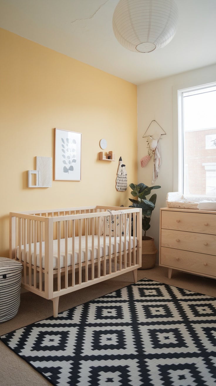 A Scandinavian-style children's room with pastel yellow walls, a wooden bed, a patterned rug and minimalist decor.