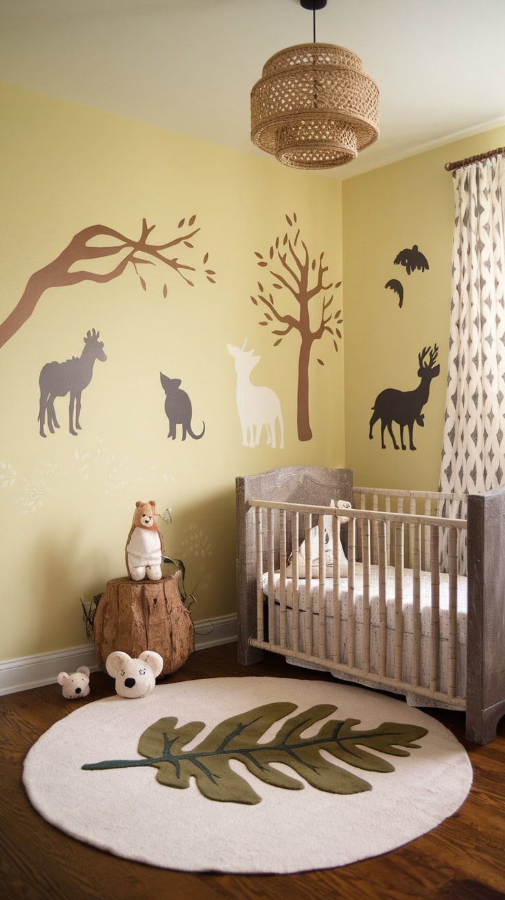 Forest-themed children's room with pastel yellow walls, animal wall stickers and natural decor elements.