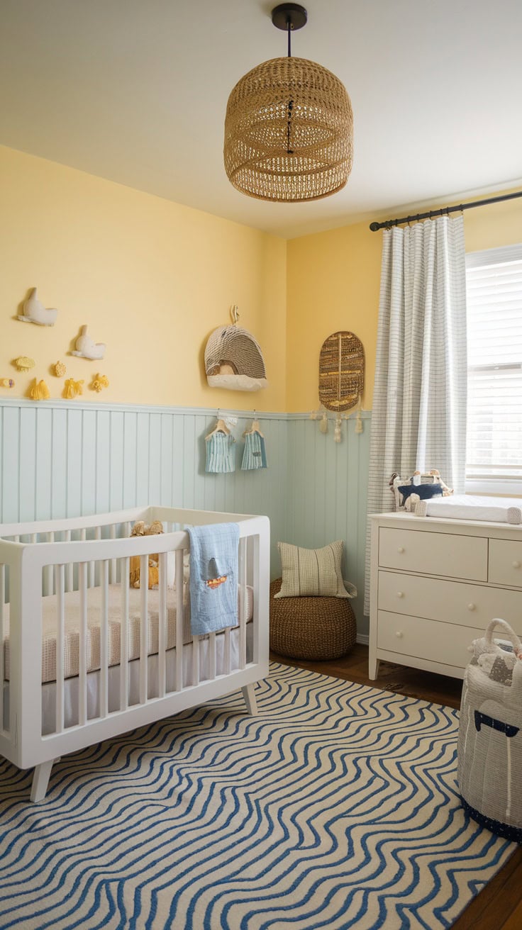 Pastel yellow children's room with coastal decor consisting of a cot, chest of drawers and textured elements.