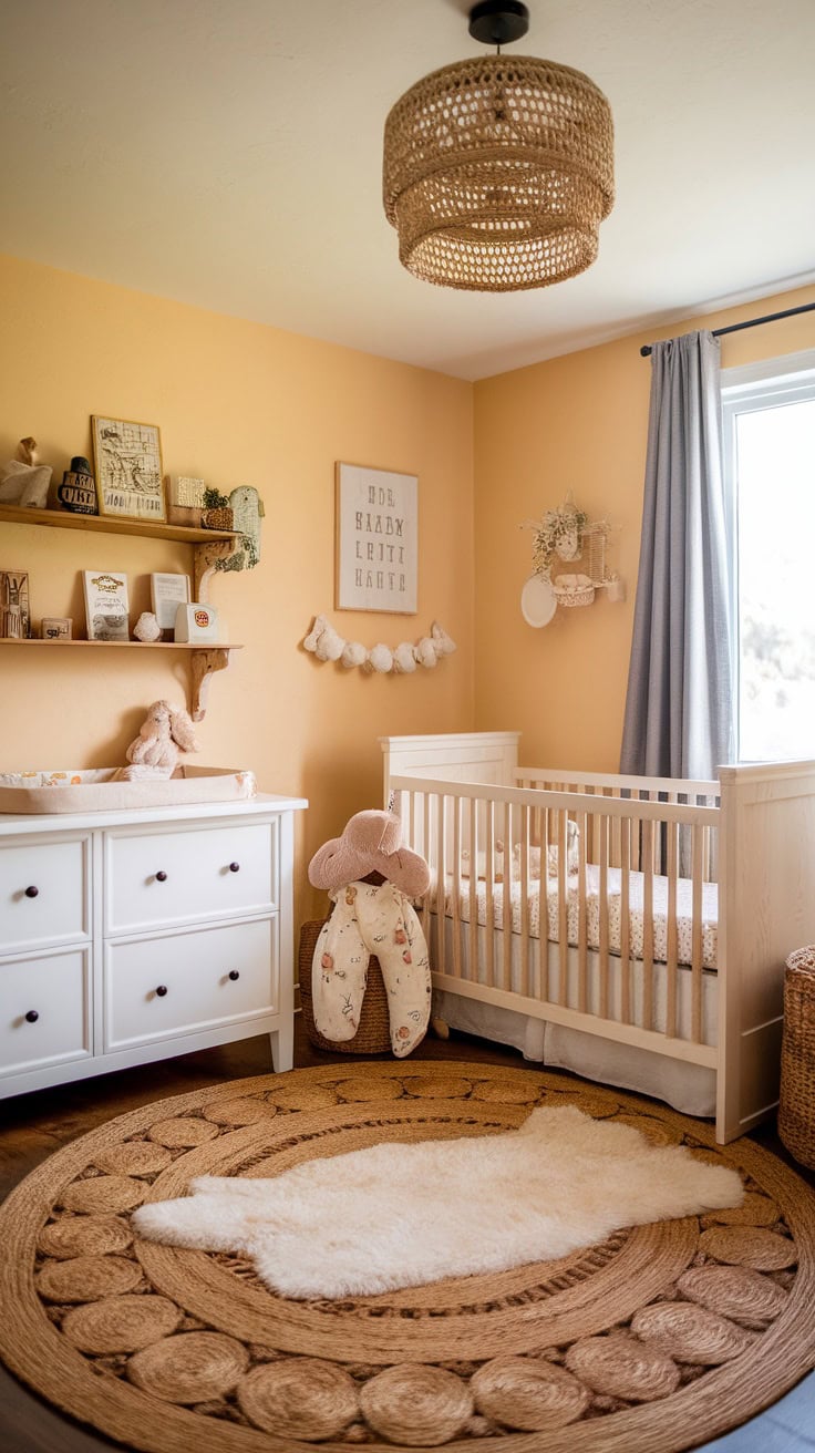 Cozy, modern farmhouse nursery with pastel yellow walls, a crib and natural decorations.