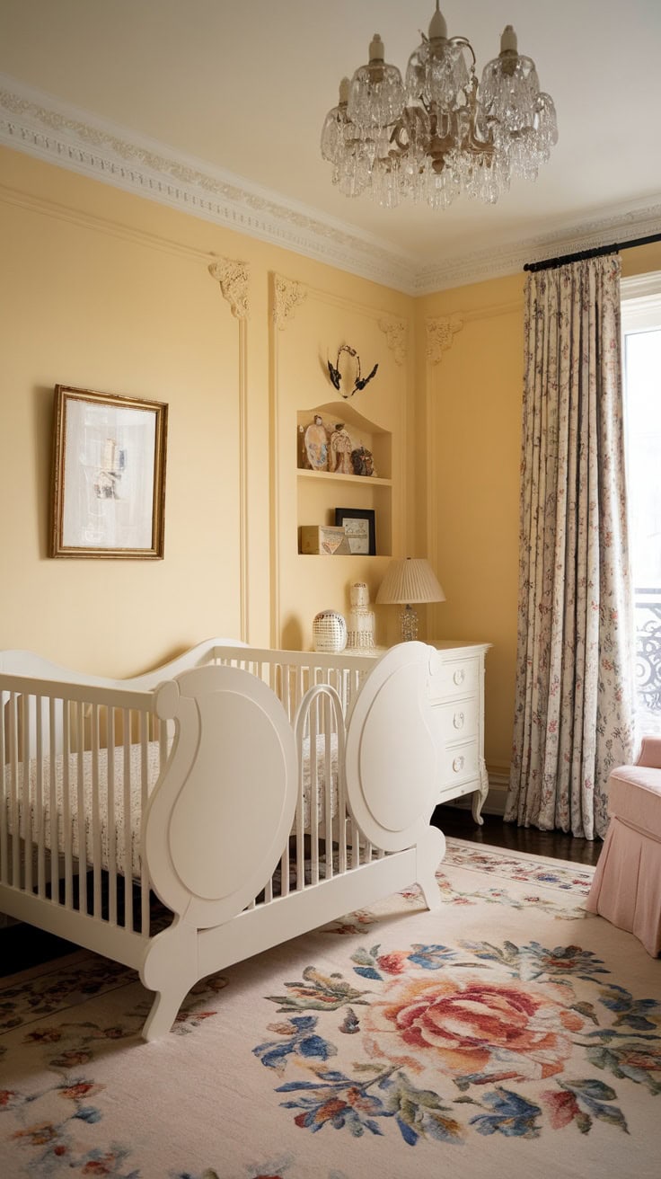 A beautifully decorated nursery with pastel yellow walls, a white crib, a floral rug and elegant decor.