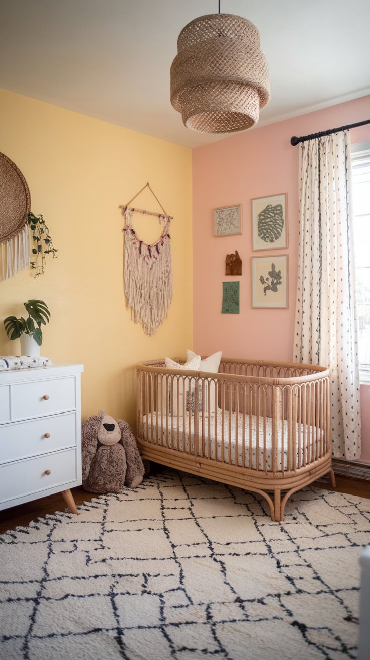 A cozy pastel yellow nursery with a crib, playful decor and natural textures.