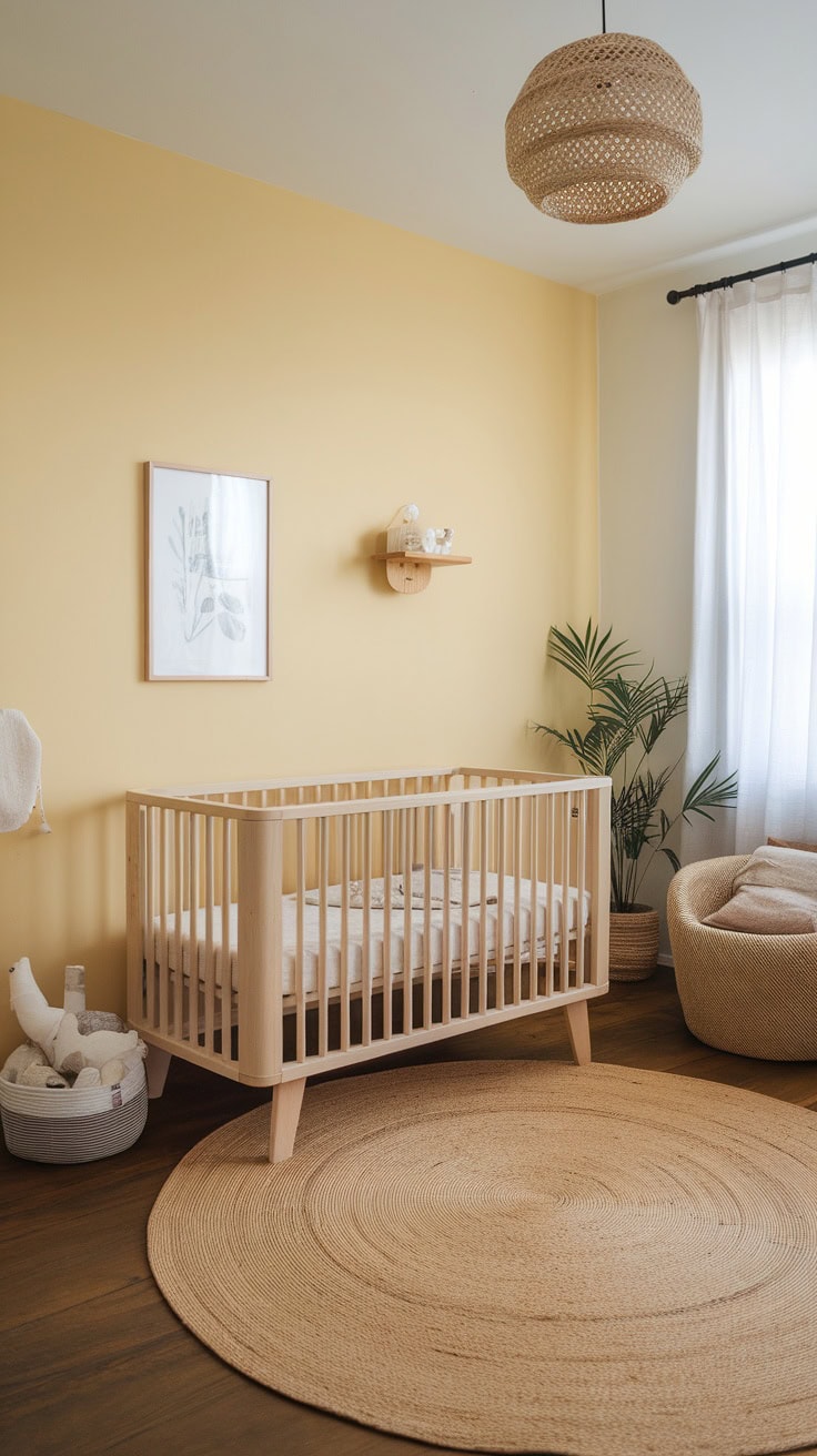 A calm children's room with pastel yellow walls, a wooden bed and natural decor.