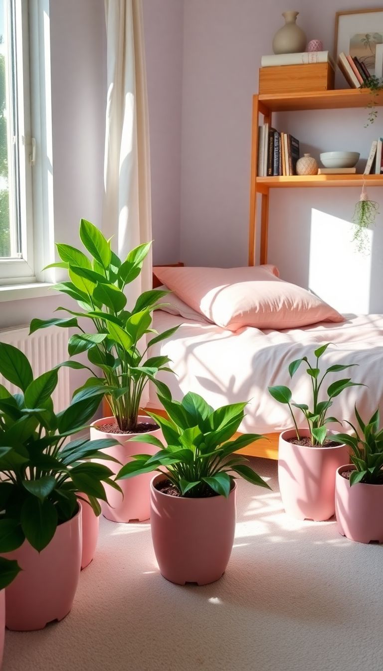 Pink flower pots with fresh greenery