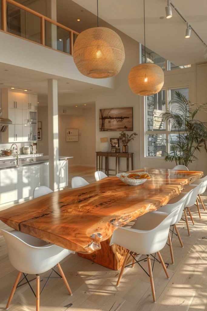 This stunning polished reclaimed wood dining table is a great way to celebrate nature within. It is surrounded by minimalist chairs and decorated with a sustainably crafted macrame bowl as the centerpiece.