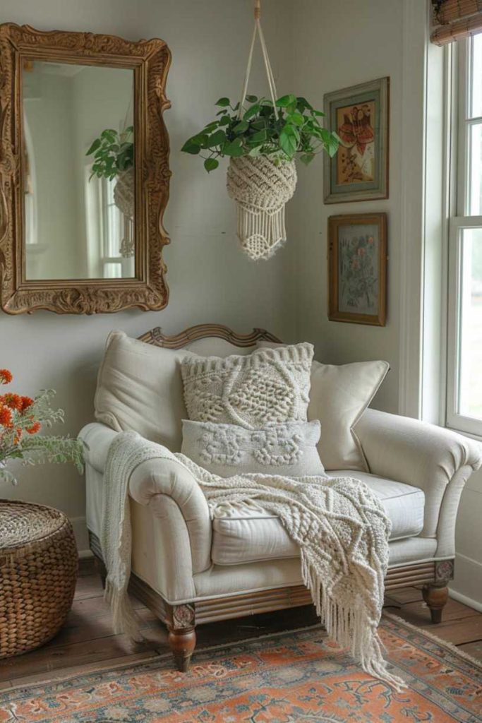 Pretty hand-woven macrame planters with lush greenery add a biophilic vibe to a bright corner. Paired with a comfortable chair and a nude crochet pillow and throw make this corner cozy and comfortable.