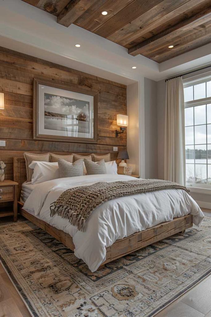 This bedroom exudes calm with white bedding and a headboard made from reclaimed wood, giving the room stylish outdoor charm.