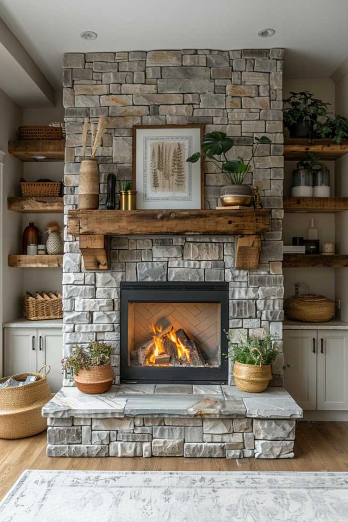 In this cozy home, the stone fireplace features a beautiful herringbone firebox beneath wooden shelves with a collection of earthy vases and jute baskets.