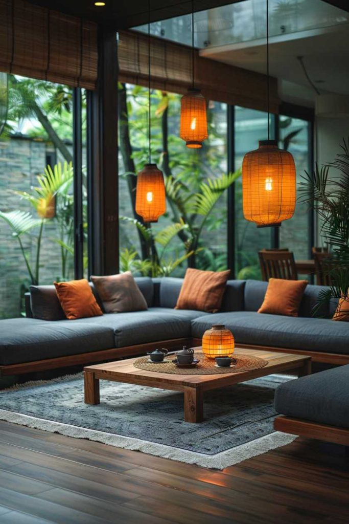 Gentle, atmospheric light cascades from environmentally friendly bamboo pendant lamps illuminate the living space with a warm, diffuse light.