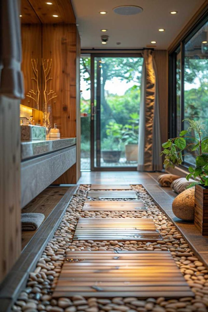 A bathroom is a Zen enclave with smooth river stones on the floor. They offer a tactile experience and are the perfect complement to the wooden steps and contrast with the minimalist lines of the bamboo bath mat.