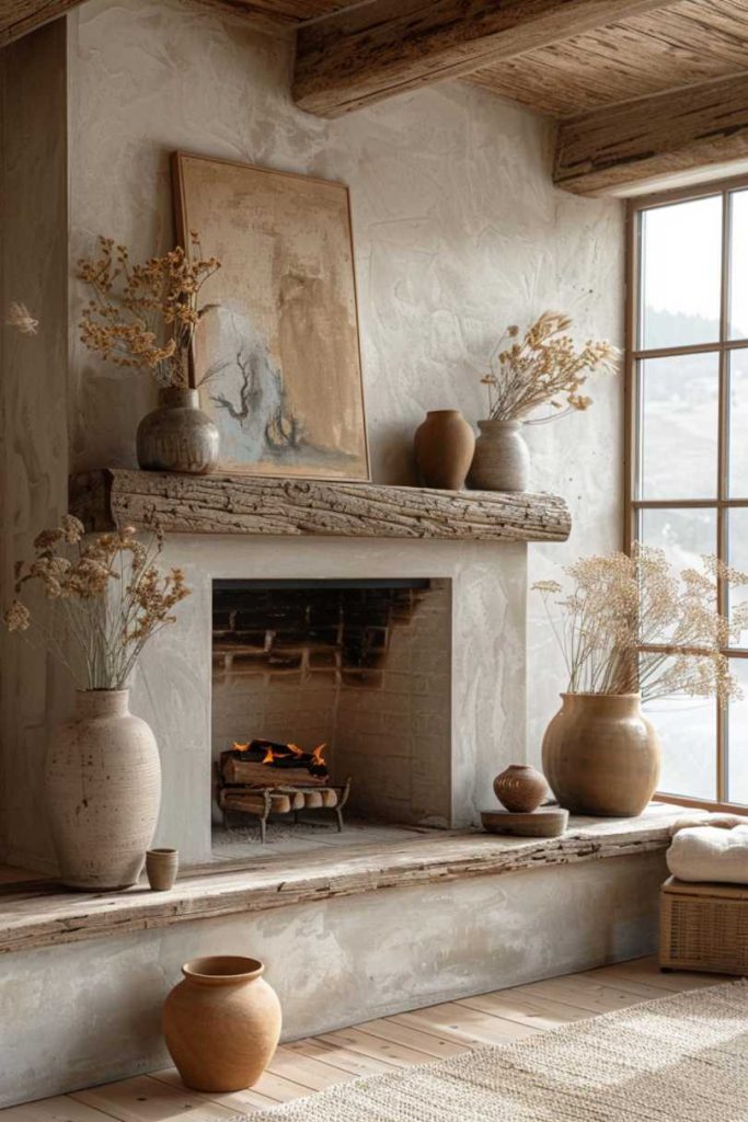 A mantel made of natural wood presents subtle decor. The fireplace is surrounded by ceramic vases in muted tones filled with dried flowers and stems, and an abstract artwork celebrates the minimalist, biophilic vibe.