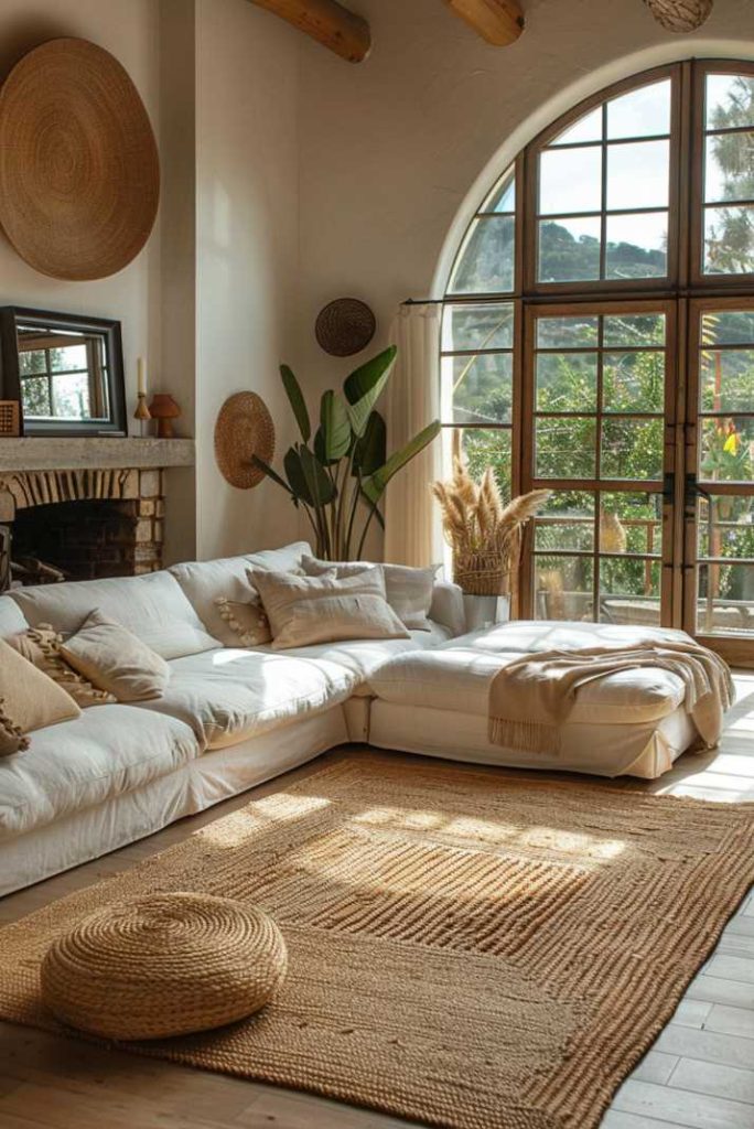 On the floor of this sun-filled room, a hand-woven jute rug adds comfort and style to this nature-inspired space. The carpet's natural fibers reflect an aesthetic that values ​​simplicity and warmth.