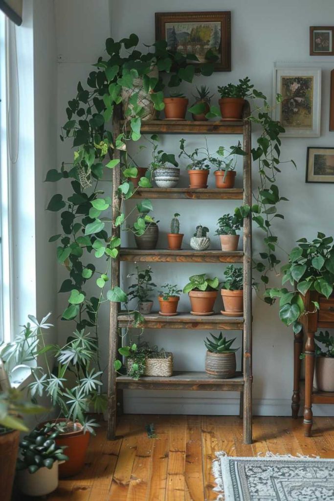 Opt for a biophilic touch of weathered style in a repurposed antique ladder reimagined as a unique shelf. Draped with vines, it combines the charm of the past with the green thumb splendor of today.