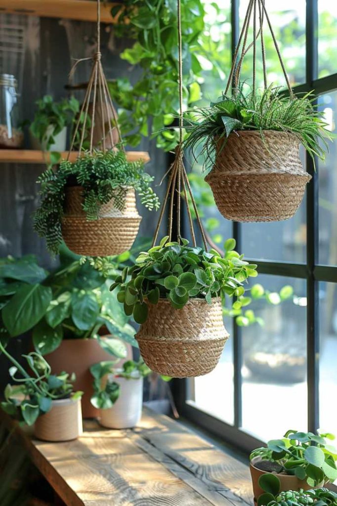 Stunning woven seagrass baskets hang beautifully from the ceiling next to the window. They offer an alternative to the traditional flower pot and a touch of playfulness.