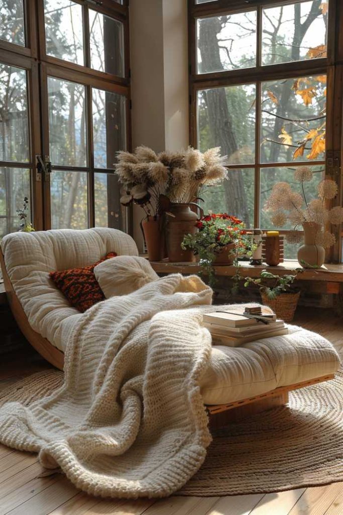 A chunky, cream-colored organic cotton throw stretches over a minimalist bamboo chaise longue in the corner of the room with large, beautiful windows highlighting the forest beyond.