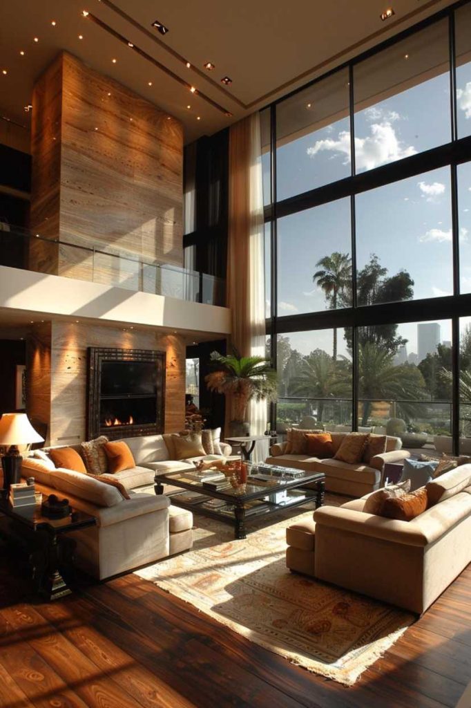 Floor-to-ceiling windows showcase the beauty of nature and allow plenty of natural light into the room, which complements the earth-toned furniture beautifully.