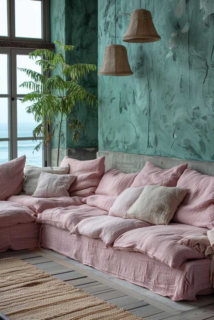 A beautiful contrast is created by the soft purple of a linen sofa meeting scattered green houseplants.