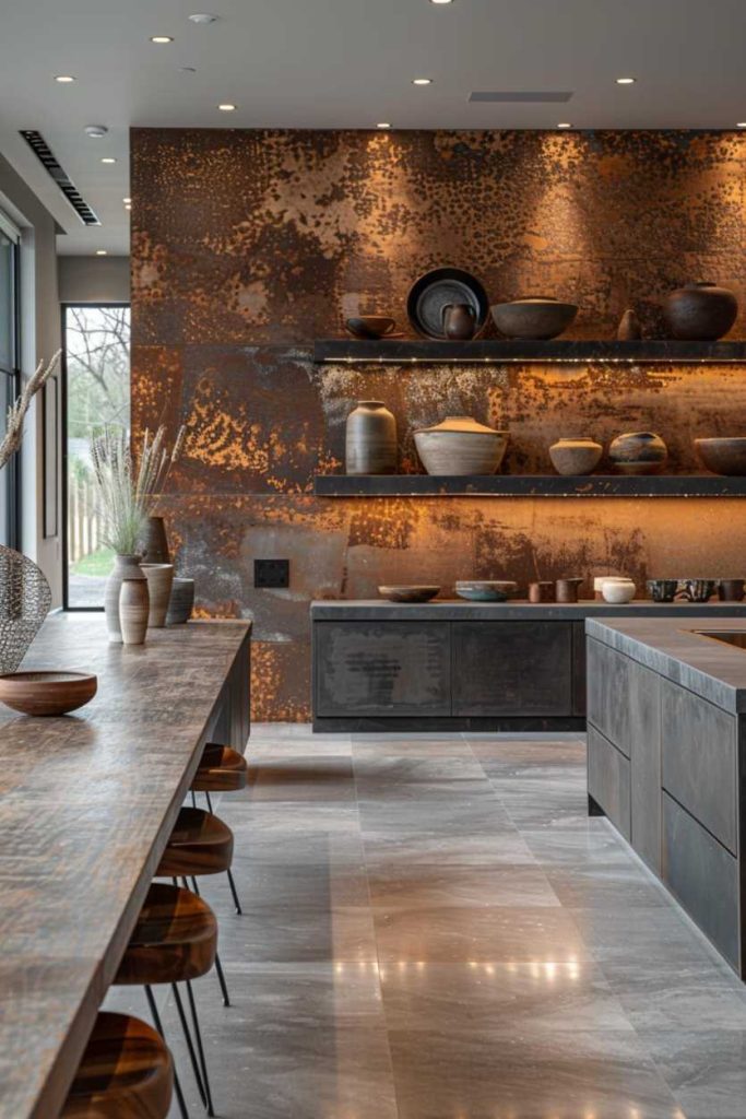 Large floating shelves made from recycled metal look great on an accent wall in the room and bring the focus to minimalism. They contain just a few select pieces of delicate, hand-thrown ceramics in natural, earthy colors that harmonize beautifully with the rustic look of the cabinets.