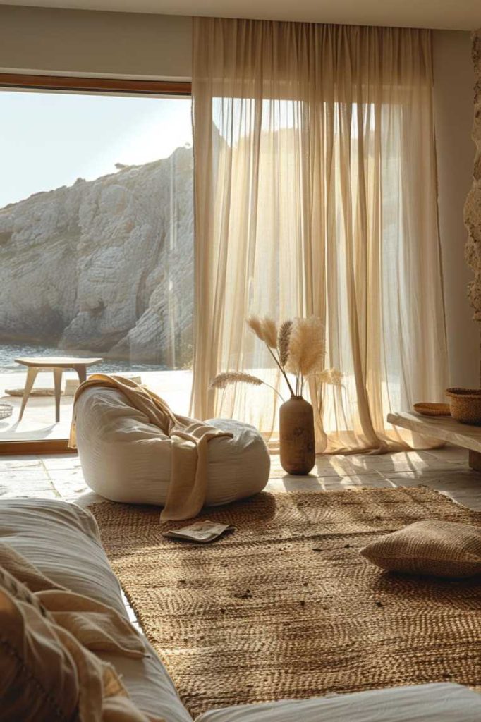 Soft and sheer curtains flutter gently, framing the simplicity of this modern, biophilic space that looks as if it was carved directly from nature.