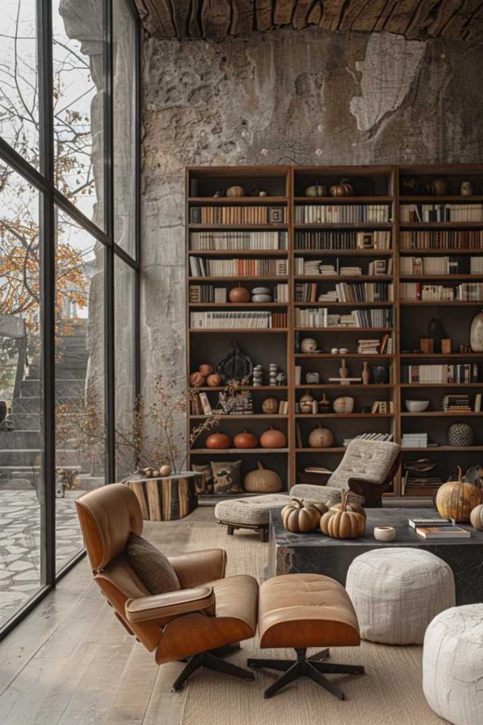 The clean lines of this minimalist bookcase fit perfectly with the natural stone walls. The space takes on another biophilic style with organic curves of decorative pumpkins.