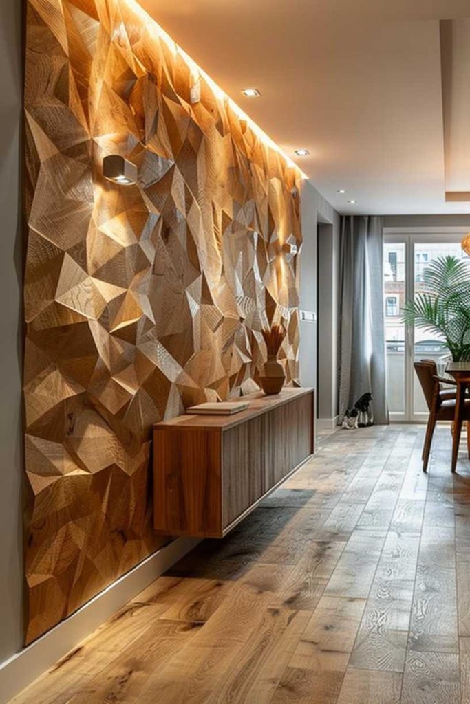 A neutral wall becomes an accent wall, showcasing a large wooden artwork with geometric patterns. It looks fantastic in the room and the colors work beautifully with a biophilic interior look.