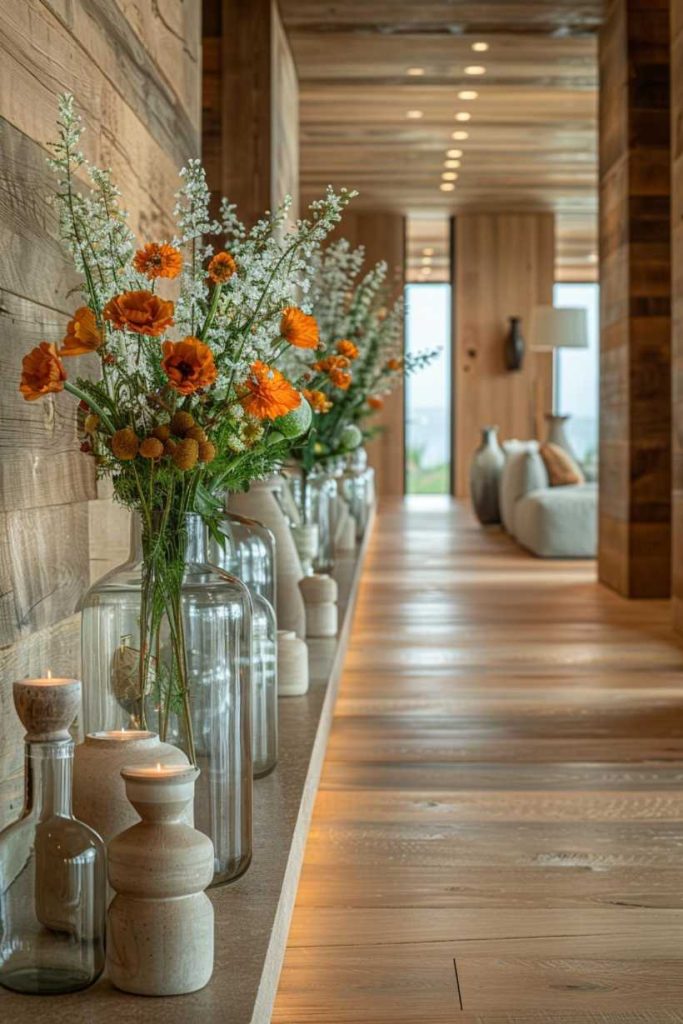 The play of orange flowers and bright green stems looks beautiful against the wood and makes for a fun surprise when you arrive.