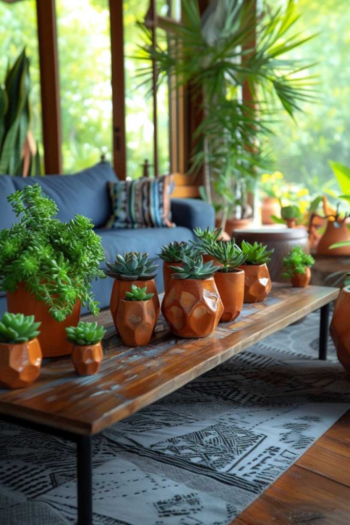 These succulents are carefully pruned and potted into geometrically shaped clay pots that create an intentional design element on a <a href=