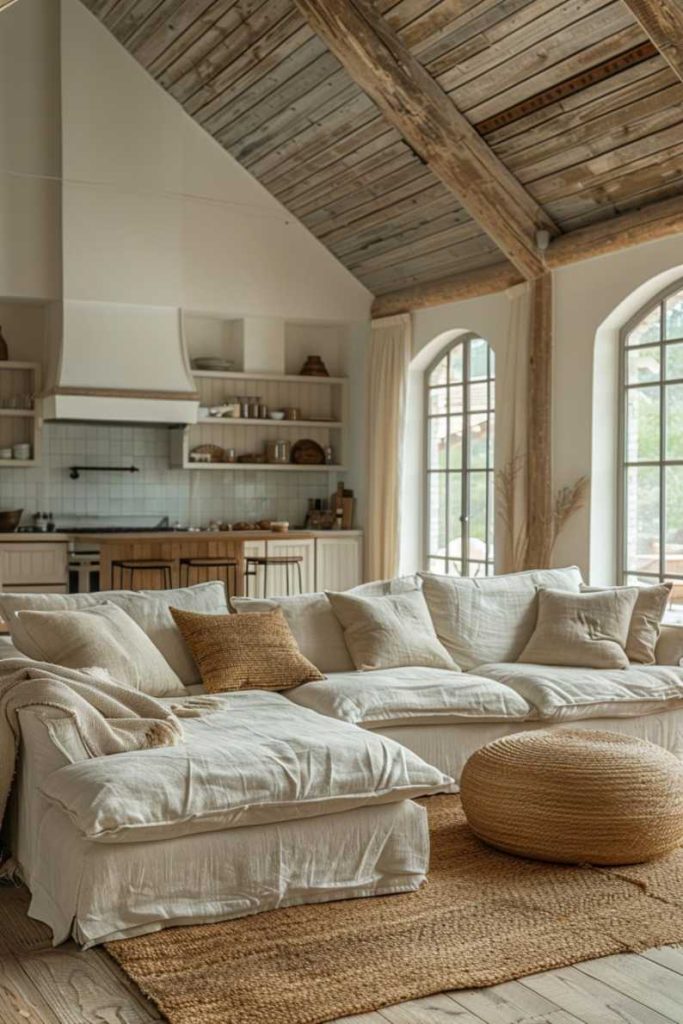 Linen-upholstered furniture, known for its eco-friendly footprint, looks amazing in this eco-conscious living space, which features a rustic wooden ceiling that gives the room a natural feel.