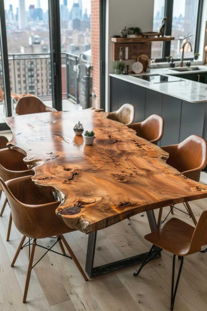 If you want to add biophilic style to an industrial space, opt for a beautiful live edge wood top supported by industrial metal legs.