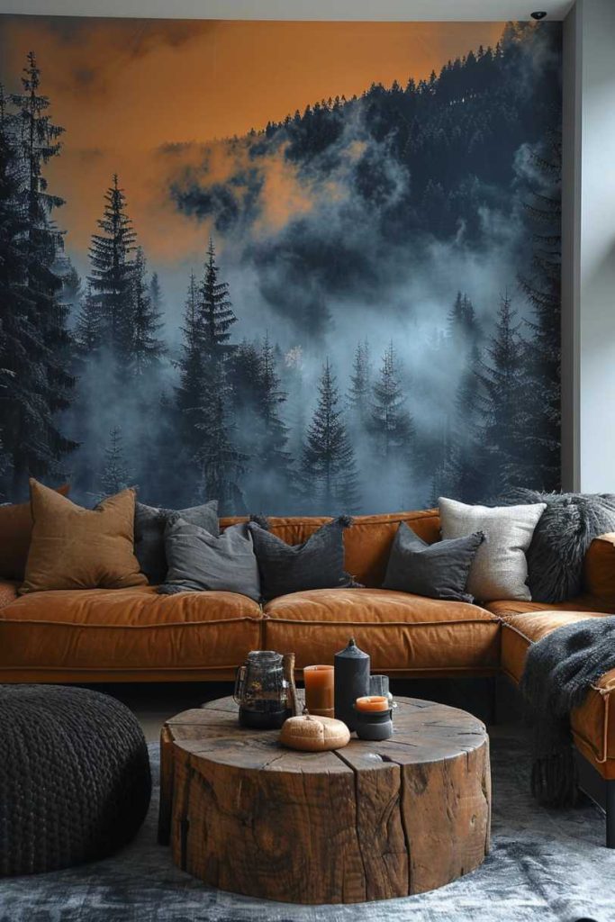 If you want to bring nature into your home without having to worry about the green spaces, try a mural of forest images behind your sleek, modern sofa.