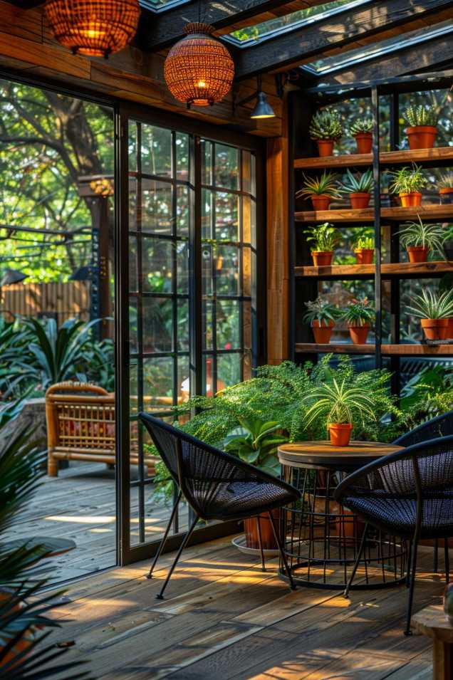 Black rustic chairs surround a black wire frame table that houses a variety of exotic and vibrant green plants, creating an eclectic mix that is both eye-catching and eco-friendly.