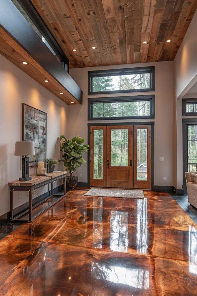 In this stunning foyer, a well-crafted wood and iron console provides an inviting display area that hints at the aesthetic journey within the home.