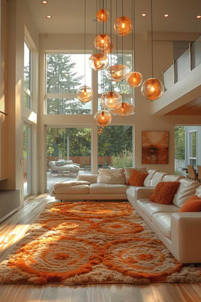 Embrace your beautiful living room immersed in nature with wrap-around floor-to-ceiling windows that allow the greenery of the exterior to blend perfectly with the room's patterned wool carpet and hand-blown glass ceiling lights.