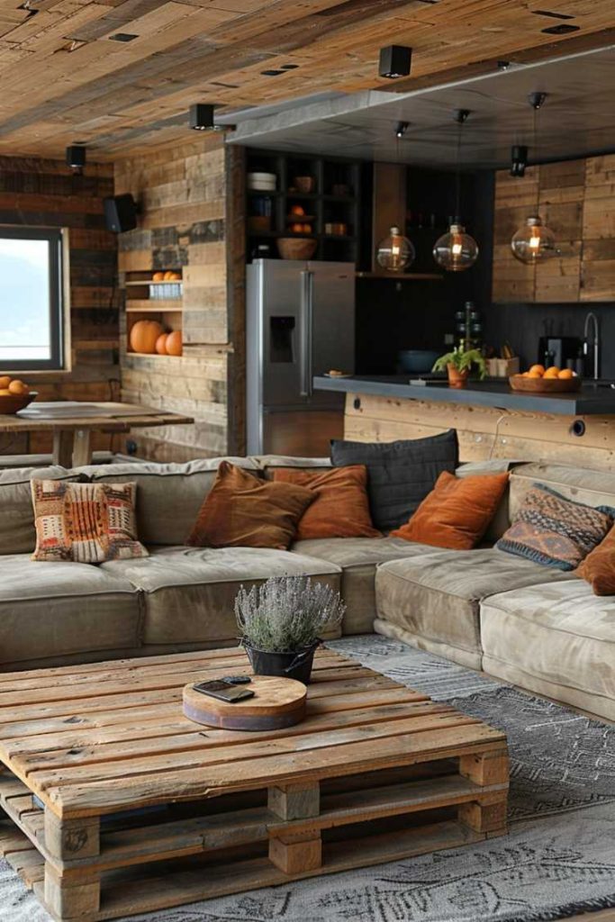 Recycled wooden pallets are stylishly used as a coffee table, creating a functional statement with eco-friendly roots.