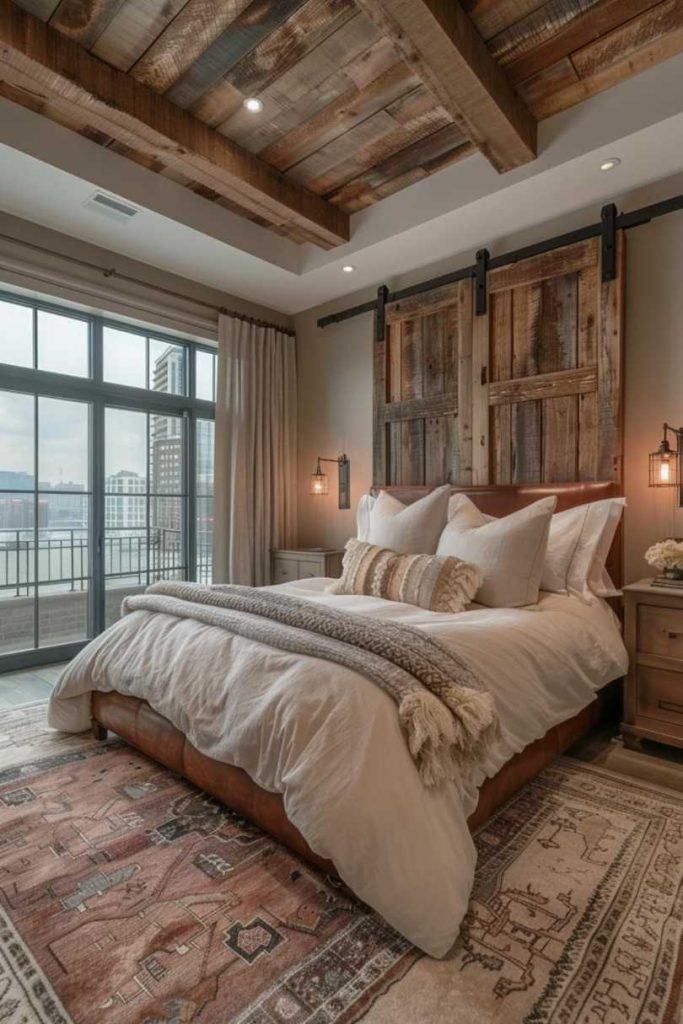 Bring some natural, rustic design into your space with items like these distressed barn doors, which create a unique and sustainable headboard and ensure you have a heartwarming outdoors with you even in the city.