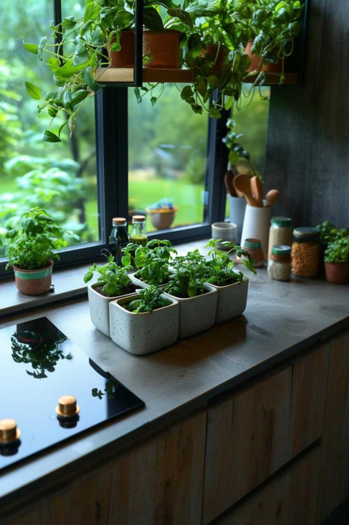 Create lush green spaces in your kitchen with a pretty herb garden in modern stone planters that acts as both an active culinary tool and a living decoration, paired with hanging plants and the embodiment of the allure and beauty of modern biophilic decoration.