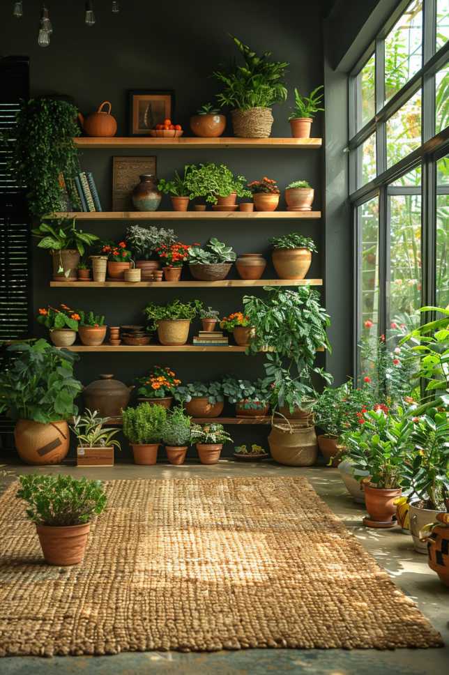 Go big! Shelves laden with an array of potted plants and stoneware create a beautifully textured natural wall and beautifully bring the lush vibrancy of nature into your home.