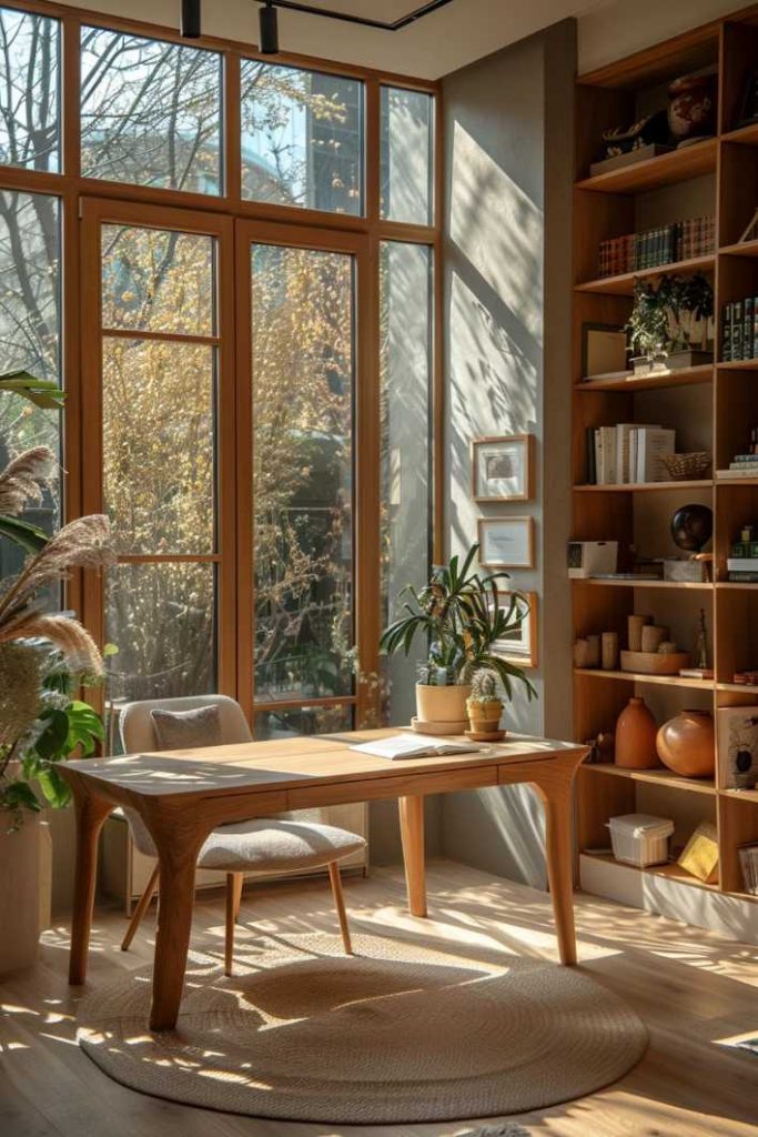 A home office space breathes freely with a minimalist desk made from sustainable wood surrounded by pretty potted plants that provide oxygen and biophilic beauty and ensure thriving productivity.