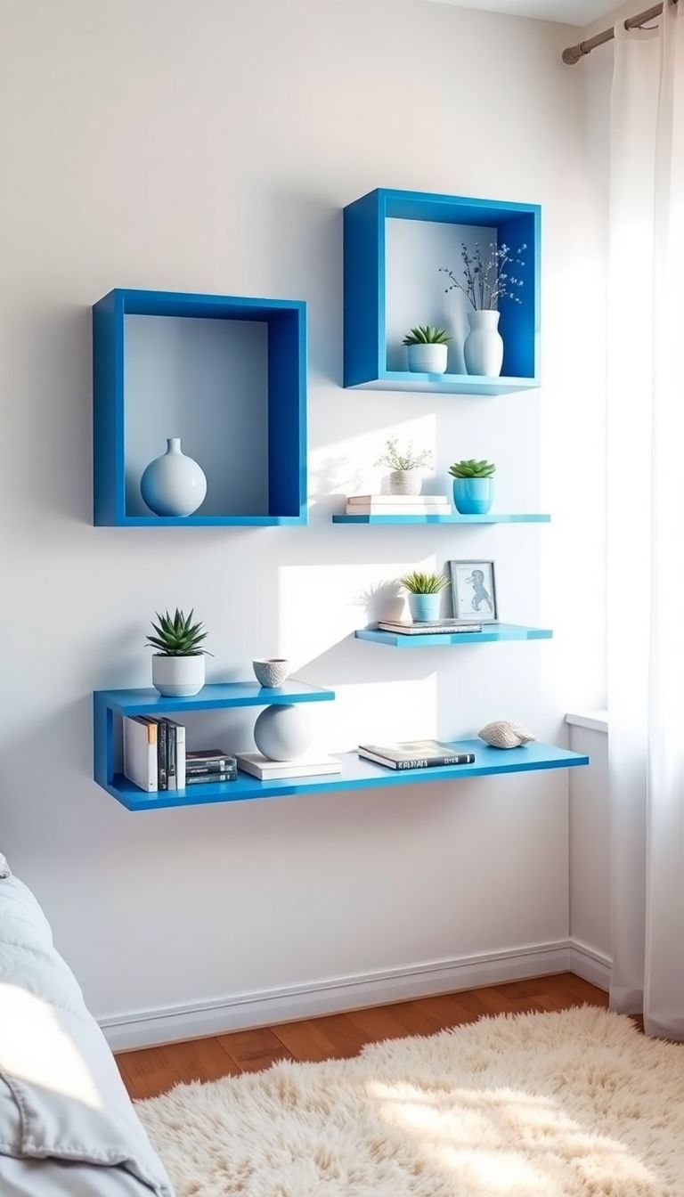 Blue wall shelves for displaying items